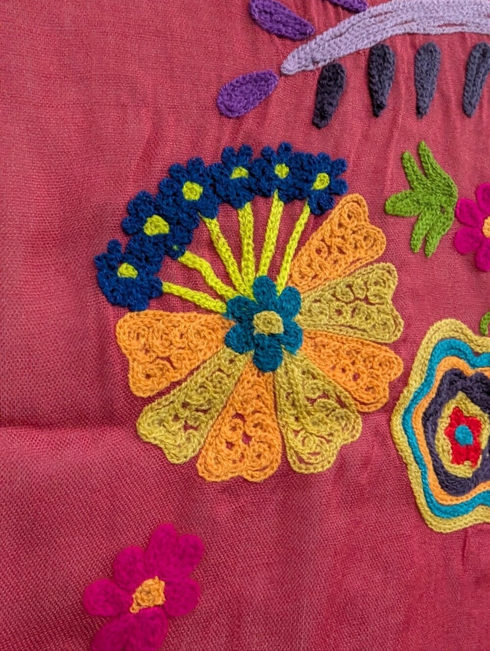 Colorful Embroidered Semi Sheer Scarf Crochet Fringe 19x76 Boho Gypsy - Picture 5 of 10
